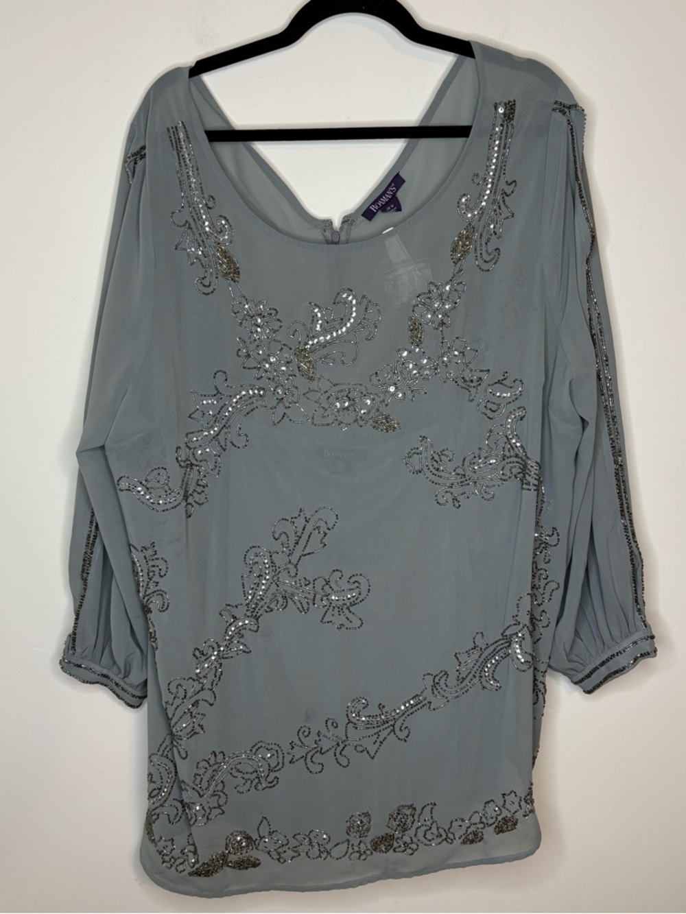 Roaman's Light Gray Beaded Sequins Blouse Size 28W NWT